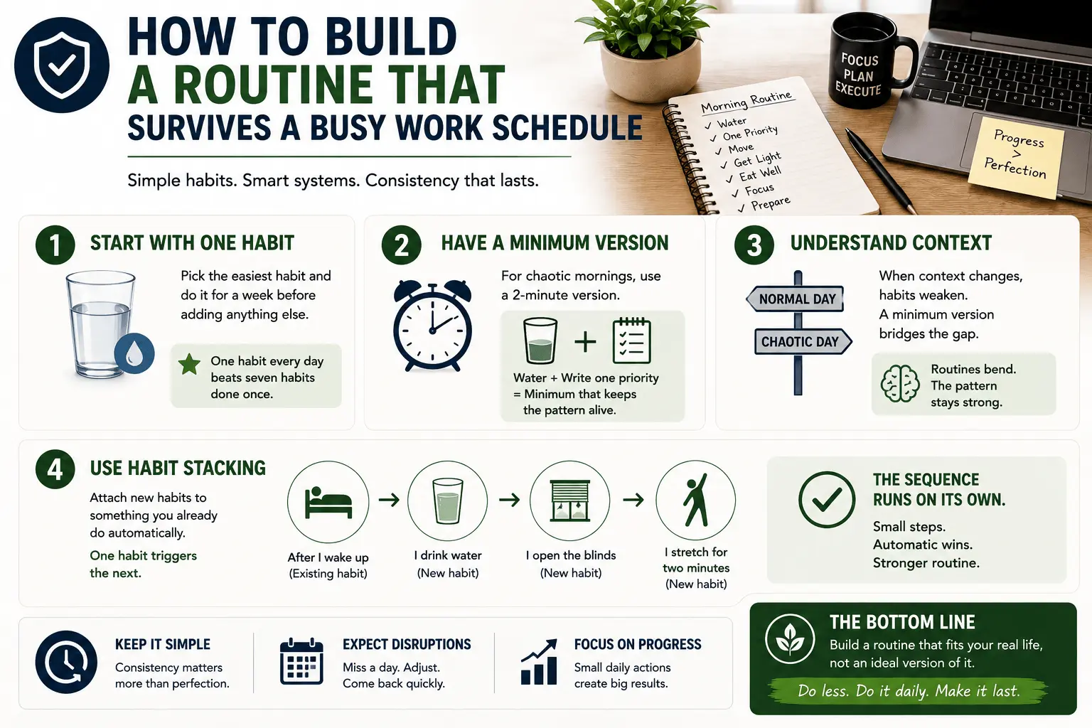 How to build a morning routine that survives a busy work schedule, featuring one habit at a time, a minimum routine, adapting to disruptions, and habit stacking.