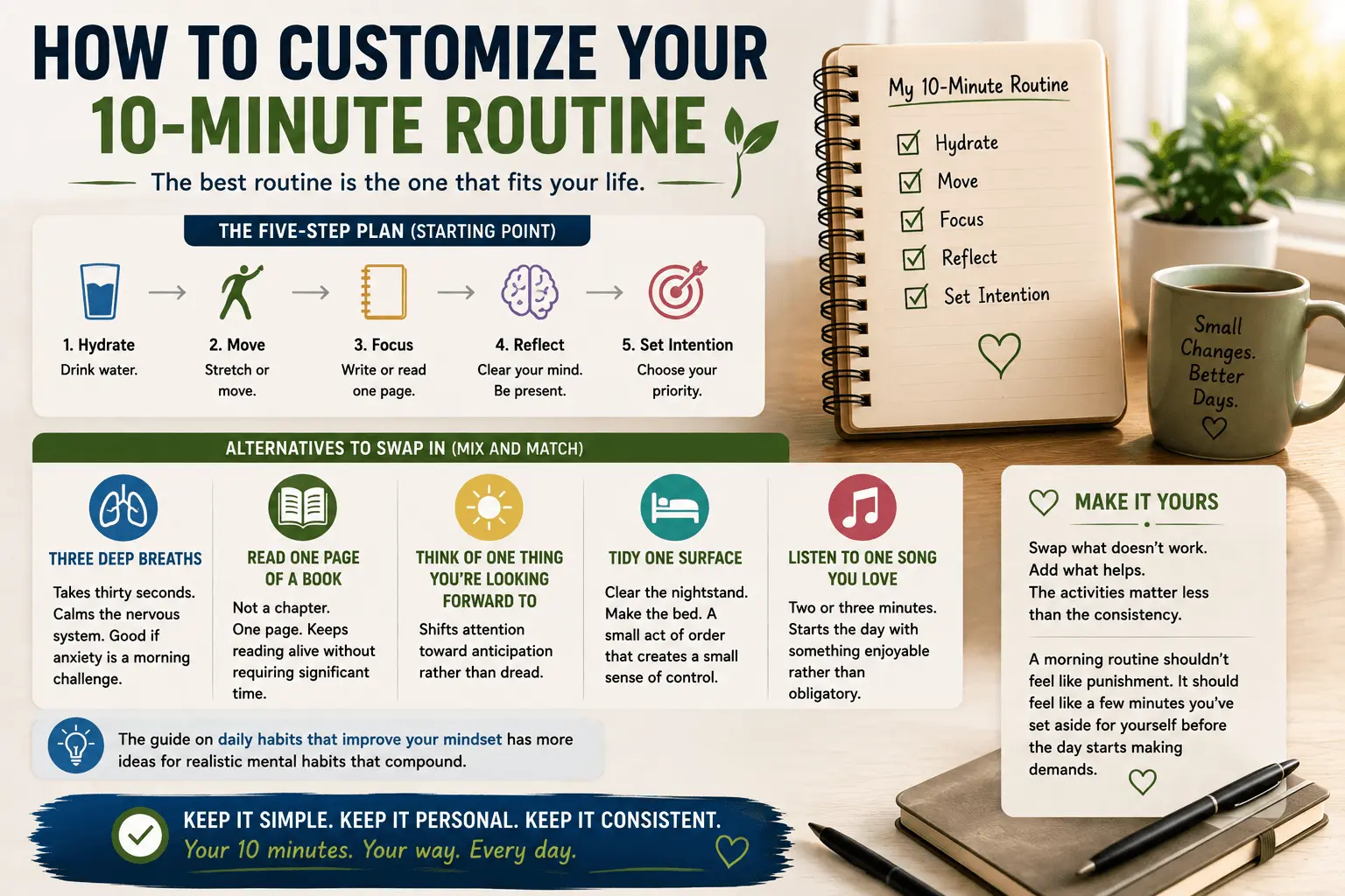 How to customize your 10-minute routine infographic showing a personalized morning routine with a simple checklist, glass of water, notebook, coffee mug, and flexible habit ideas like deep breathing, reading, tidying, and movement, demonstrating how to build a morning routine that fits your lifestyle and stays consistent.