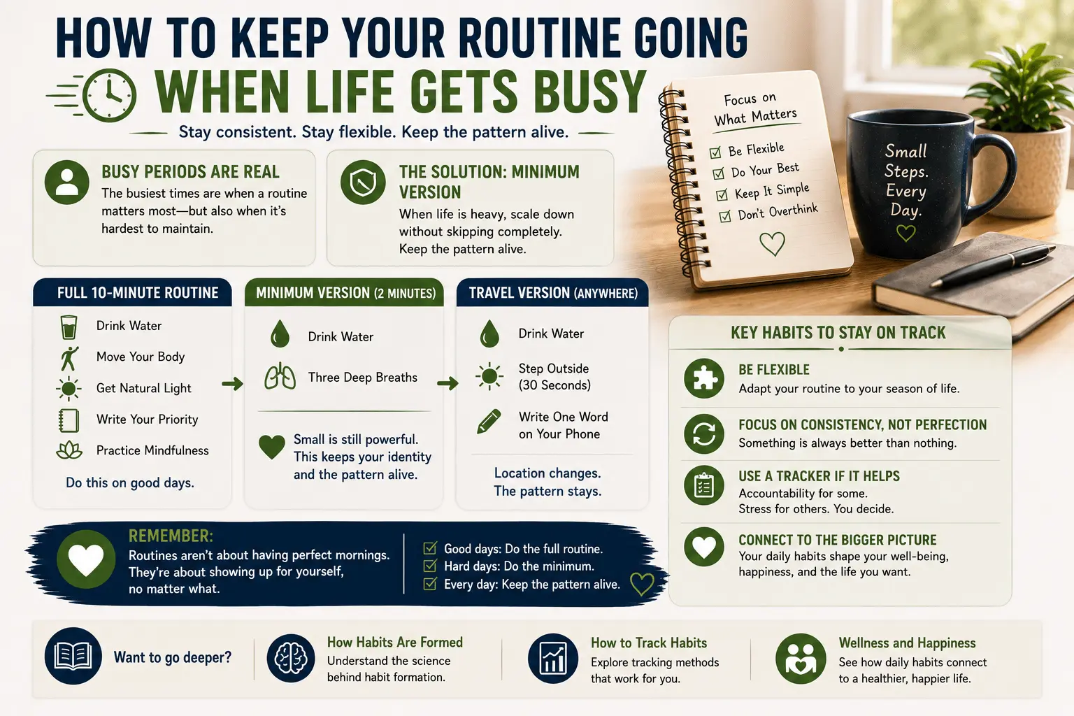 How to keep your routine going when life gets busy infographic showing a flexible morning routine with a full version, a two-minute minimum routine, and a travel-friendly routine, alongside a notebook, coffee mug, and simple habit checklist, emphasizing consistency, adaptability, and sustainable daily habits.