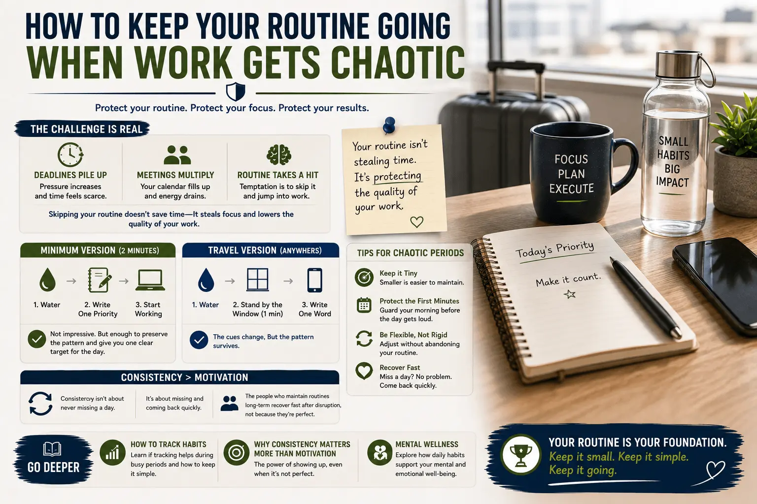 How to keep your routine going when work gets chaotic illustrated with a productivity workspace featuring a notebook, water bottle, coffee mug, smartphone, and simple morning routine checklist, highlighting flexible habits, consistency, and maintaining focus during busy workdays.