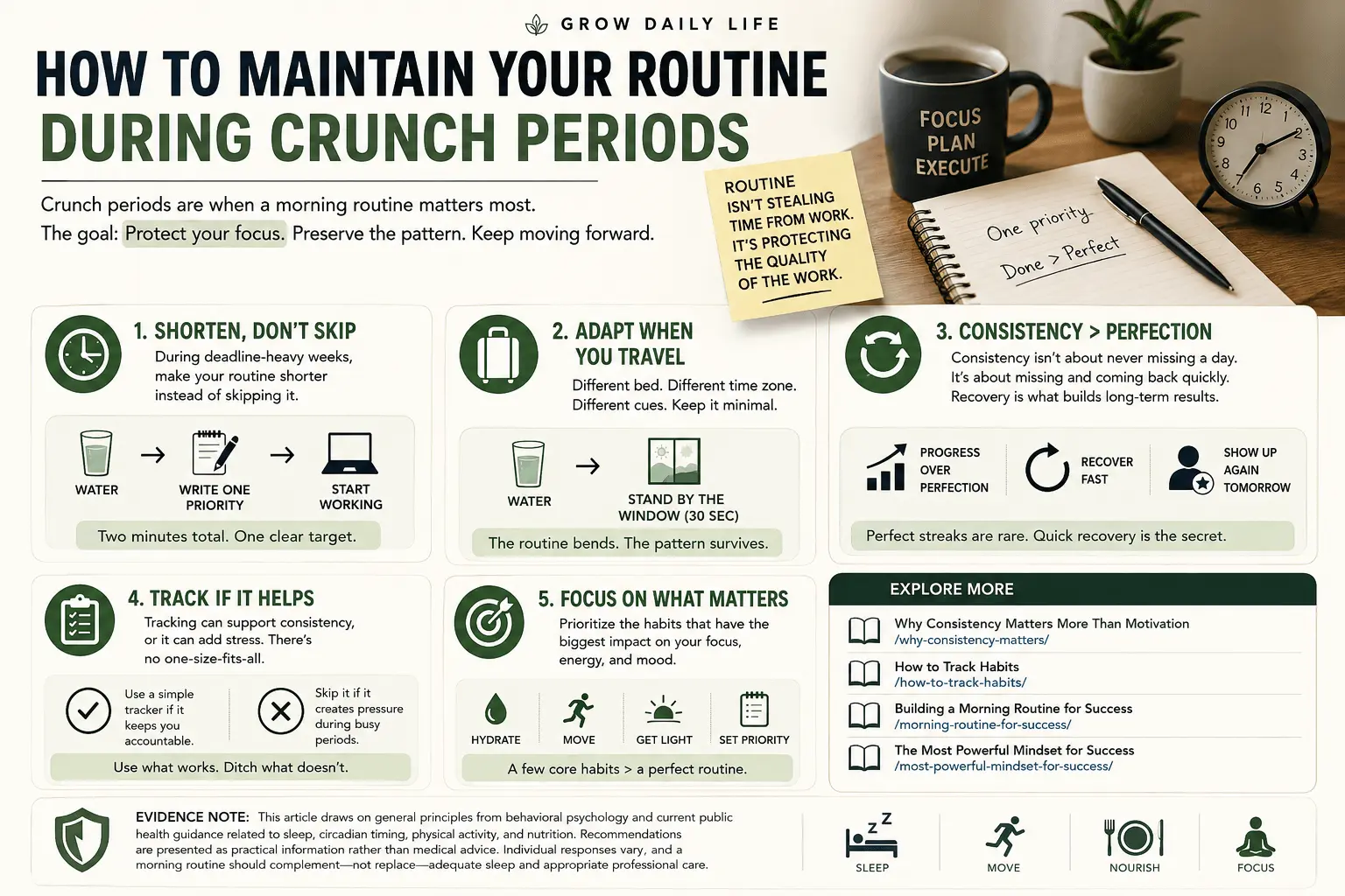 How to maintain a morning routine during crunch periods with simple habits for staying consistent, adapting to travel, and protecting focus.