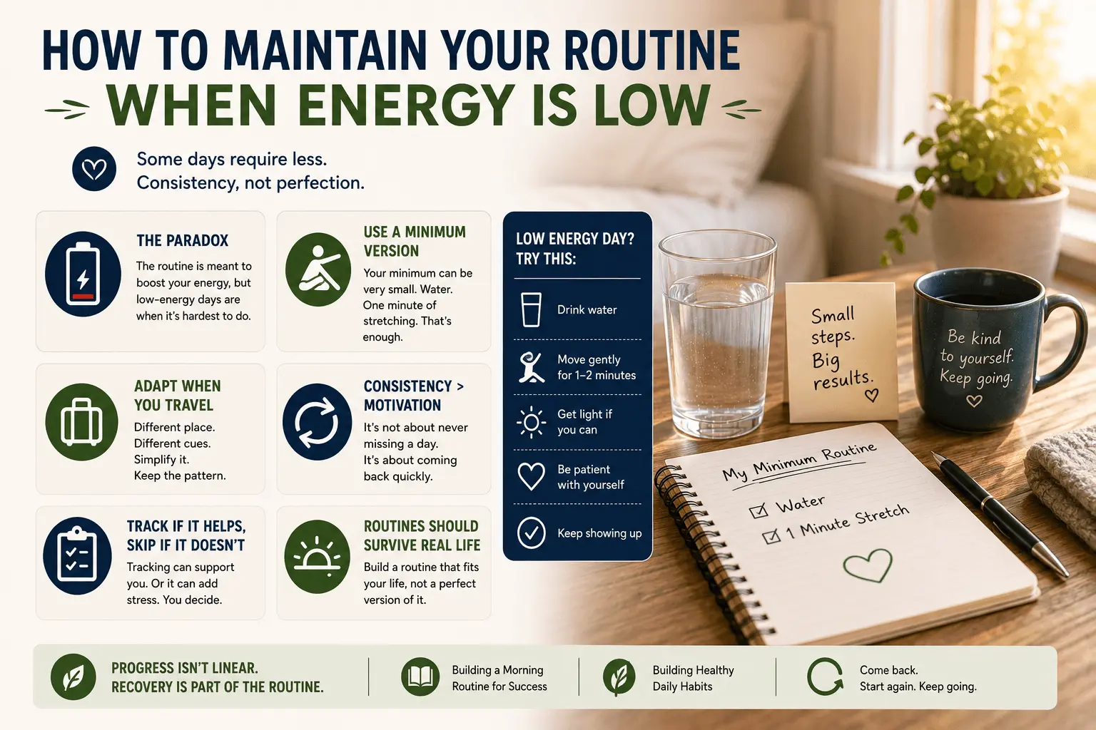 How to maintain a morning routine when energy is low using minimum habits, gentle movement, hydration, flexibility, and consistency.