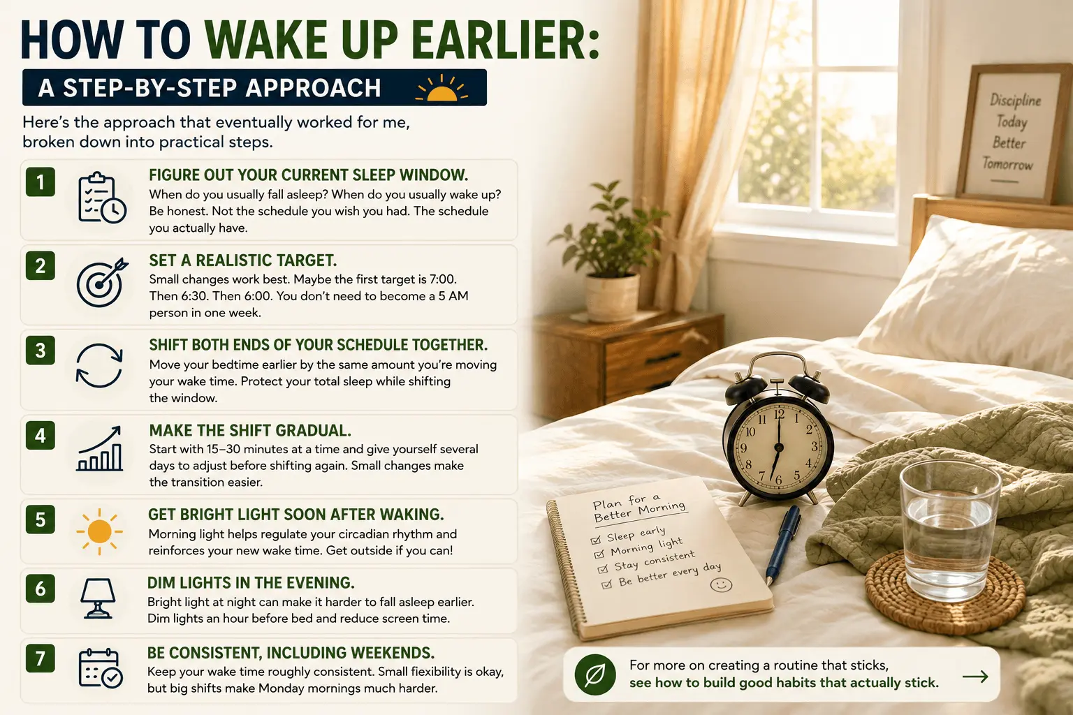 Landscape infographic titled ‘How to Wake Up Earlier: A Step-by-Step Approach,’ featuring seven steps for gradually shifting a sleep schedule, including setting realistic targets, moving bedtime and wake time together, getting morning light, dimming evening lights, and staying consistent. The right side shows a bright bedroom with an alarm clock, notebook, glass of water, plant, and sunlight.