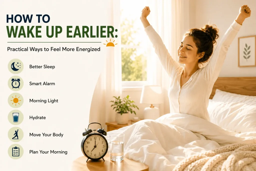 Infographic titled ‘How to Wake Up Earlier: Practical Ways to Feel More Energized,’ featuring six tips—better sleep, smart alarm, morning light, hydration, movement, and planning your morning. A smiling woman stretches in bed in a bright, cozy bedroom beside an alarm clock and glass of water.