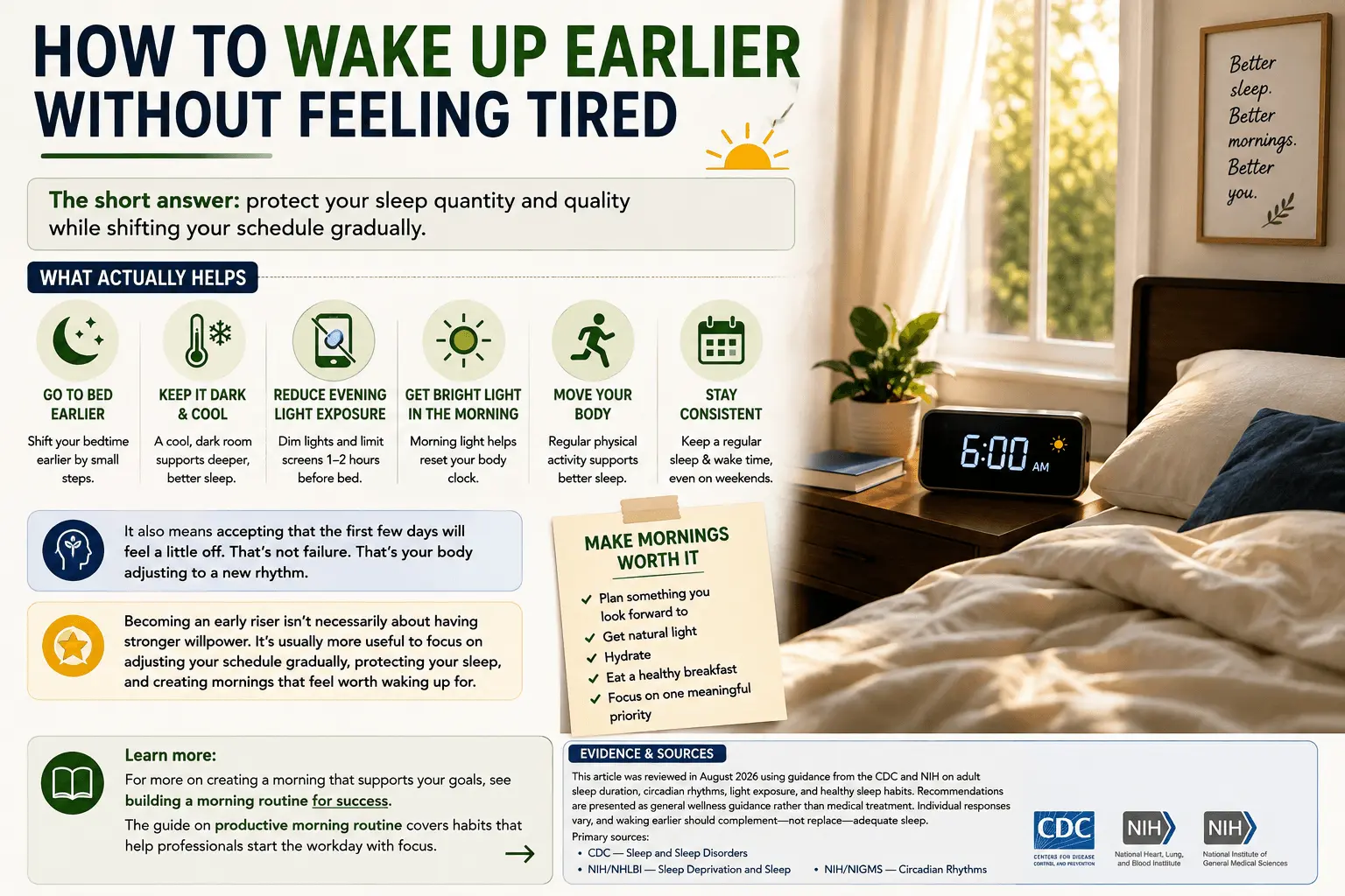 Landscape infographic titled ‘How to Wake Up Earlier Without Feeling Tired,’ explaining six helpful habits: go to bed earlier, keep the bedroom dark and cool, reduce evening light exposure, get bright morning light, move your body, and stay consistent. A sunlit bedroom with a 6:00 AM alarm clock appears on the right, alongside a ‘Make Mornings Worth It’ checklist and an evidence-and-sources section citing CDC and NIH guidance.
