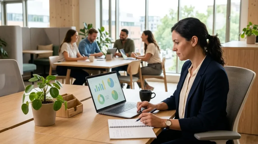 Manager reviewing employee well-being data to support mental health in the workplace and a healthy workplace environment.
