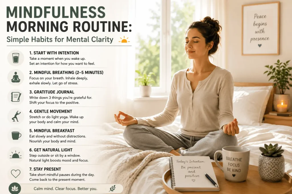 Mindfulness morning routine with a woman meditating on a bed, featuring simple habits for mental clarity such as mindful breathing, gratitude journaling, gentle movement, natural light, and staying present.