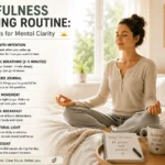 Mindfulness morning routine with a woman meditating on a bed, featuring simple habits for mental clarity such as mindful breathing, gratitude journaling, gentle movement, natural light, and staying present.