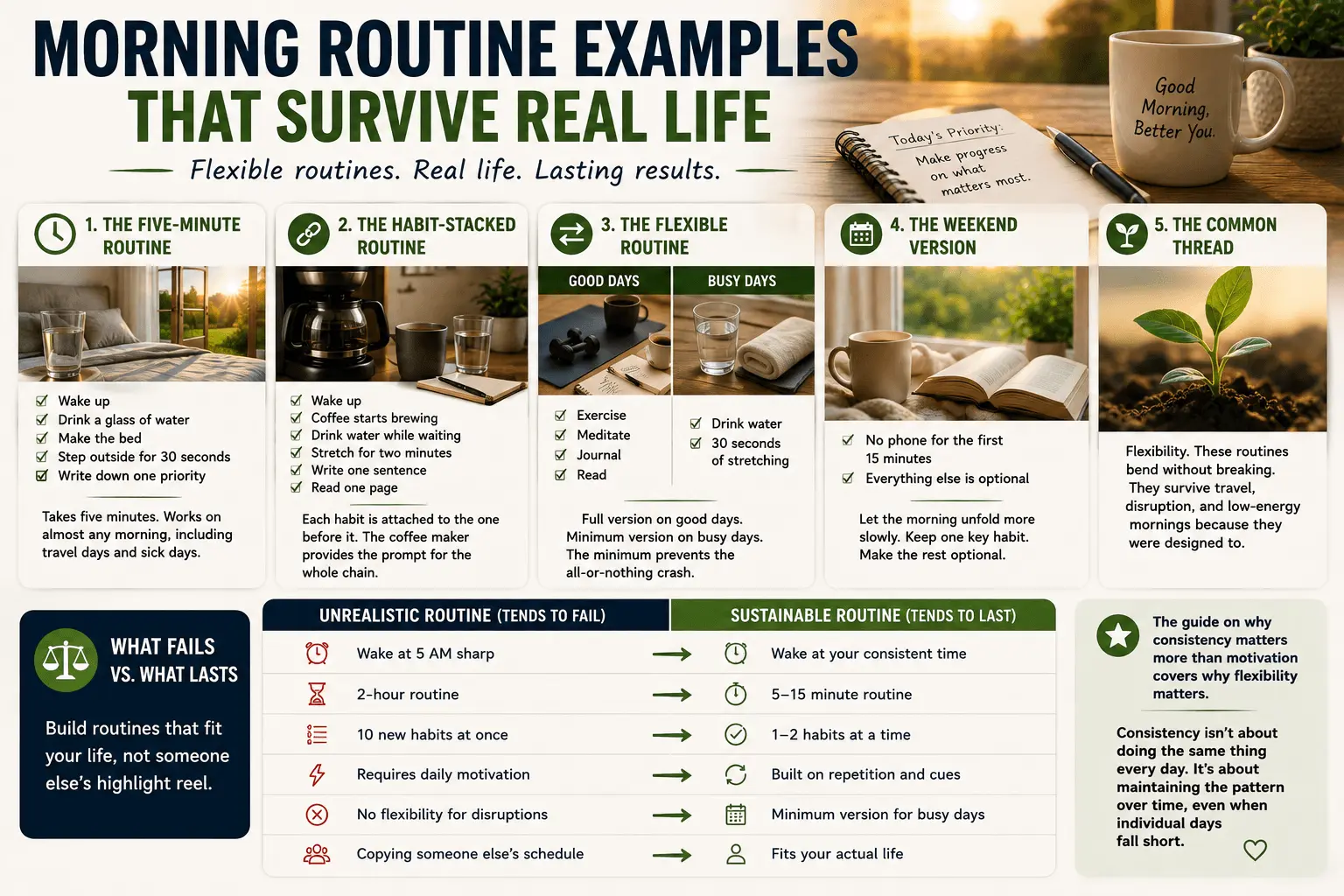 Morning routine examples that survive real life infographic showing realistic morning routine ideas, including a five-minute routine, habit stacking, flexible weekday and weekend routines, with a planner, glass of water, coffee, alarm clock, stretching, and a comparison of sustainable habits versus unrealistic routines.