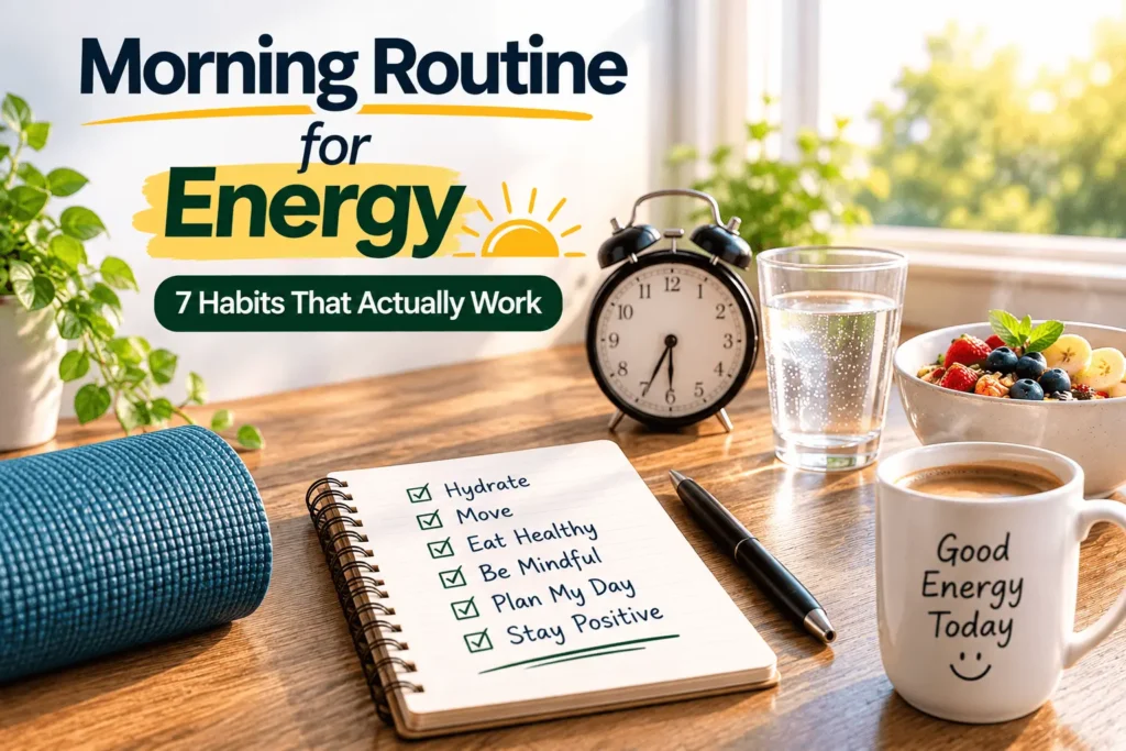 Morning routine for energy featuring hydration, movement, healthy breakfast, mindfulness, and daily planning in a bright morning setting.
