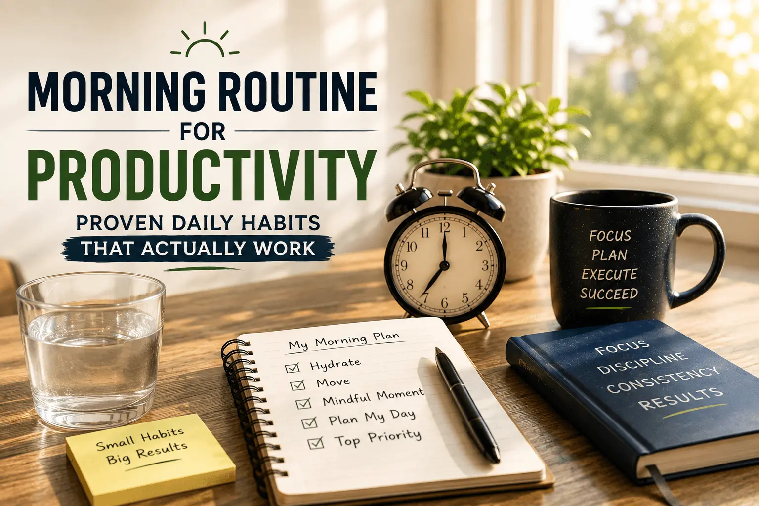 Morning routine for productivity feature image showing a bright workspace with a morning planner, alarm clock, glass of water, coffee mug, notebook, and productivity checklist, illustrating proven daily habits that improve focus, time management, and consistent productivity.