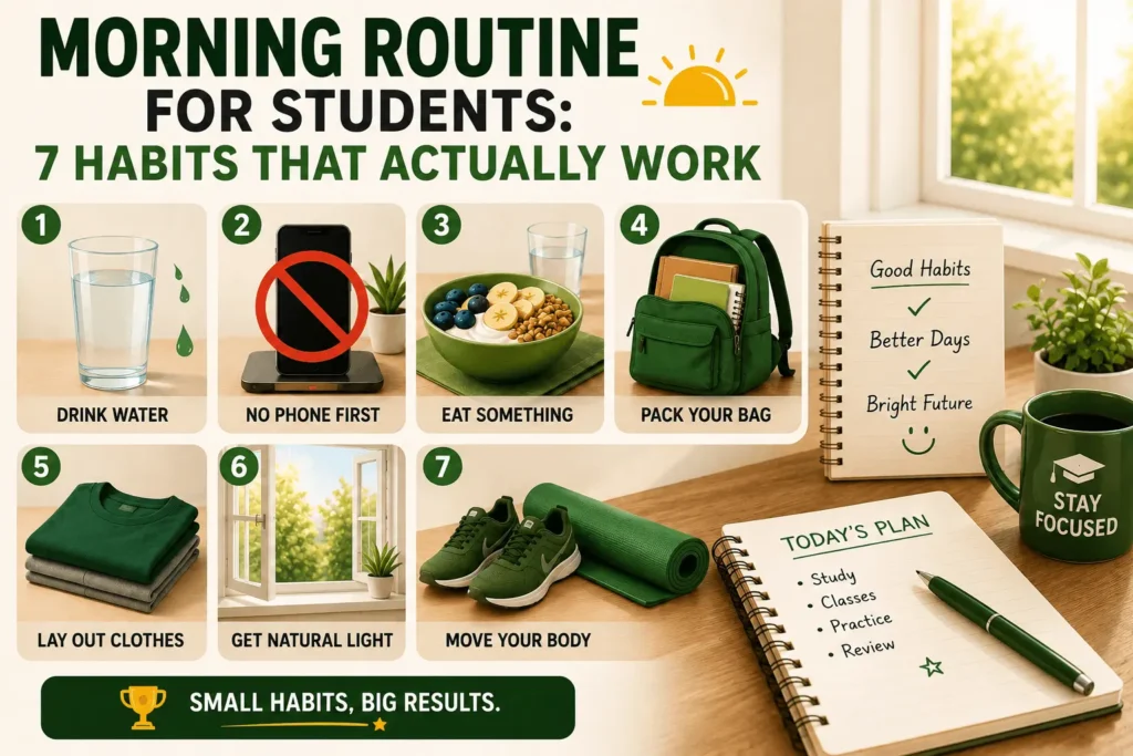 Morning routine for students featuring seven healthy habits: drinking water, avoiding phones, eating breakfast, packing a bag, laying out clothes, getting natural light, and moving the body.