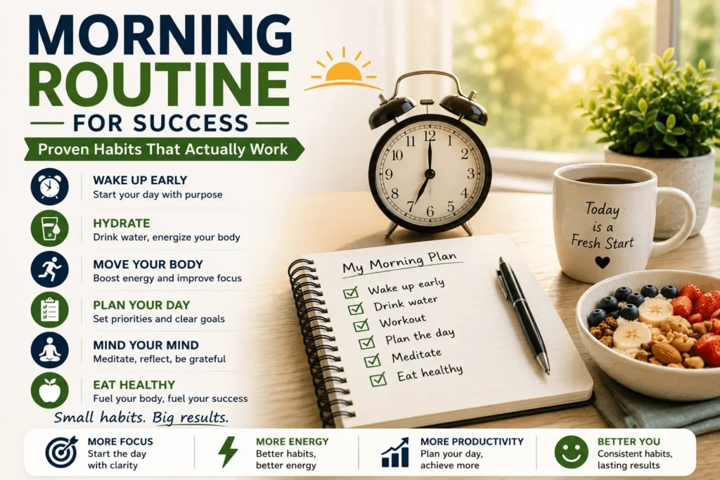 Morning routine for success feature image showing a sunrise workspace with an alarm clock, healthy breakfast, coffee mug, daily planner, and morning habit checklist, illustrating proven daily habits that improve focus, energy, productivity, and long-term success.