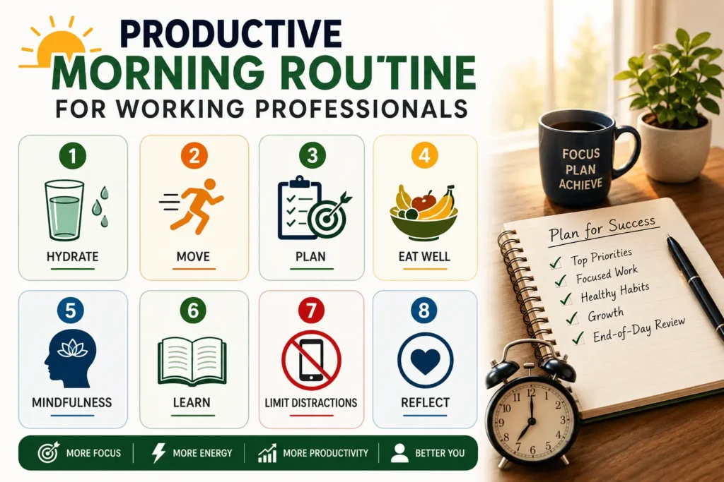 Productive morning routine for working professionals featuring eight simple habits: hydrate, move, plan, eat well, practice mindfulness, learn, limit distractions, and reflect.