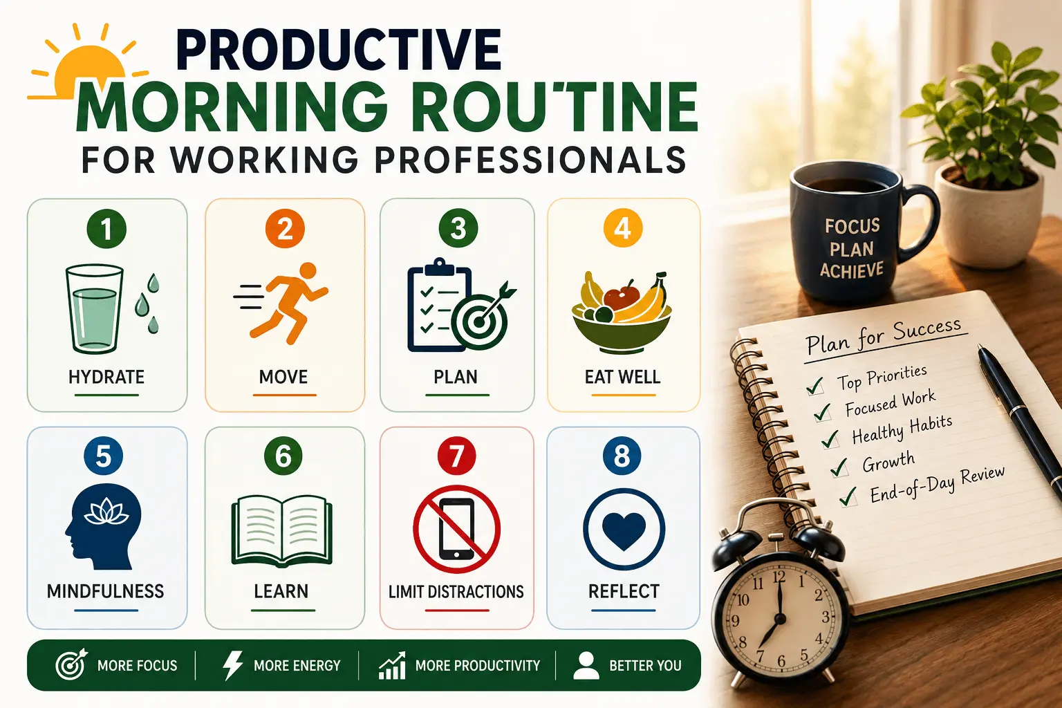 Productive morning routine for working professionals featuring eight simple habits: hydrate, move, plan, eat well, practice mindfulness, learn, limit distractions, and reflect.
