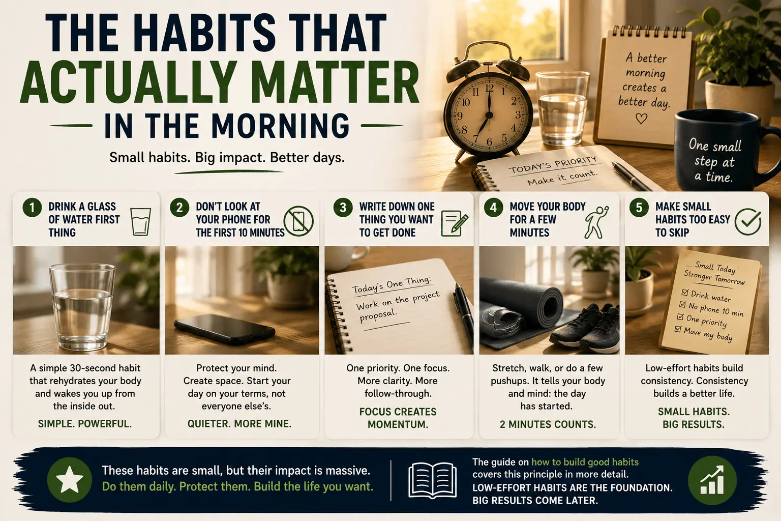 The habits that actually matter in the morning feature image showing a healthy morning routine with a glass of water, alarm clock, daily priority notebook, phone set aside, yoga mat, and coffee mug, illustrating simple morning habits that improve focus, energy, and productivity through small, consistent actions.