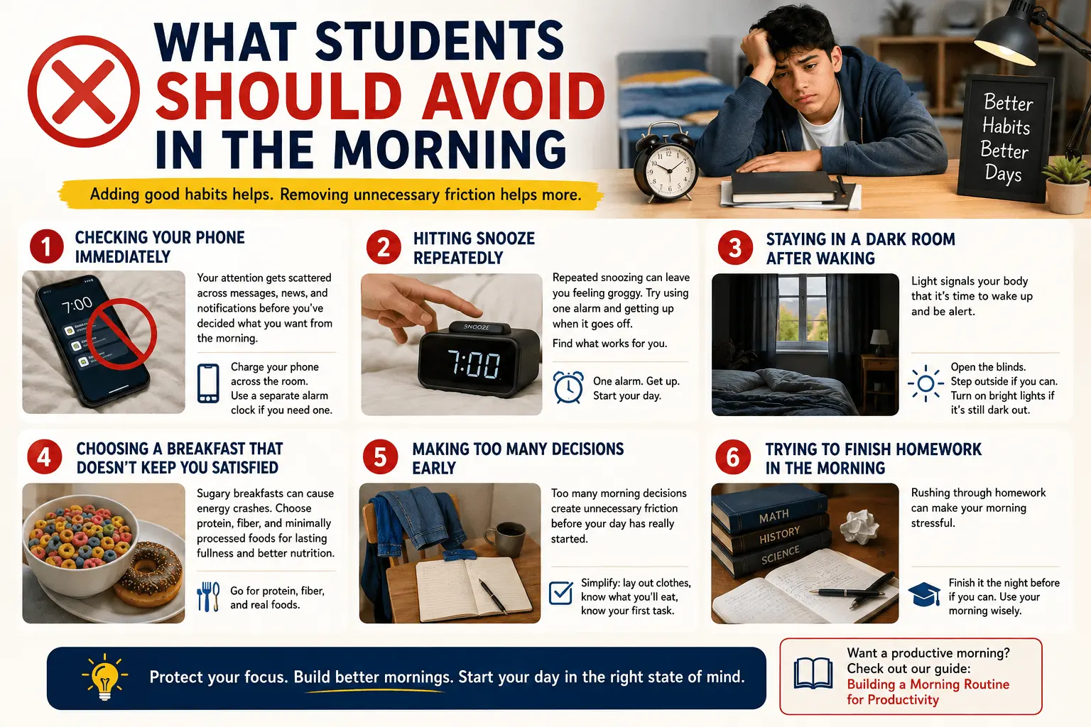 Infographic showing six morning habits students should avoid, including phone distractions, repeated snoozing, darkness, poor breakfast choices, too many decisions, and rushed homework.