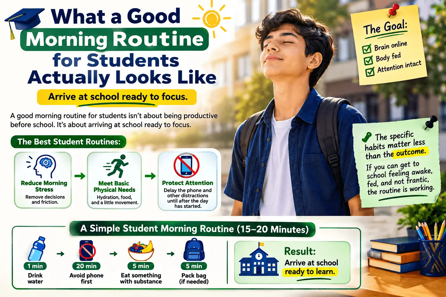 Morning routine for students featuring hydration, healthy breakfast, movement, natural light, and reduced phone distractions before school.