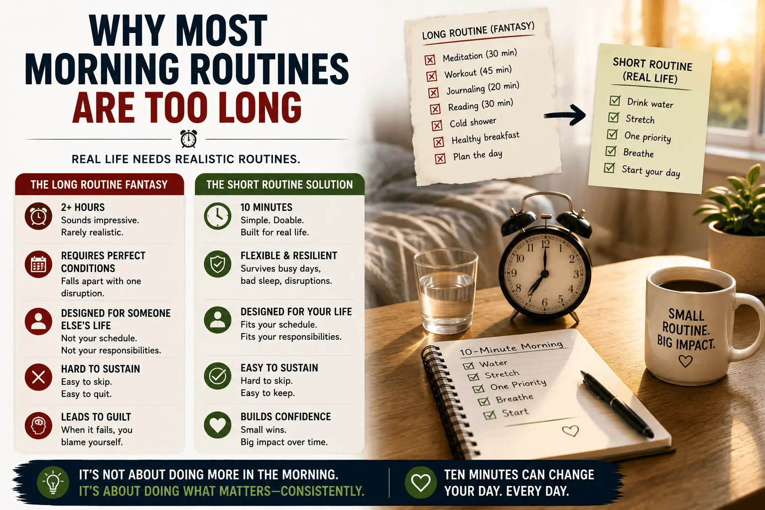 Why most morning routines are too long infographic comparing unrealistic two-hour morning routines with a simple 10-minute routine, featuring a morning planner, alarm clock, glass of water, coffee mug, and checklist to illustrate realistic, sustainable habits that fit everyday life.