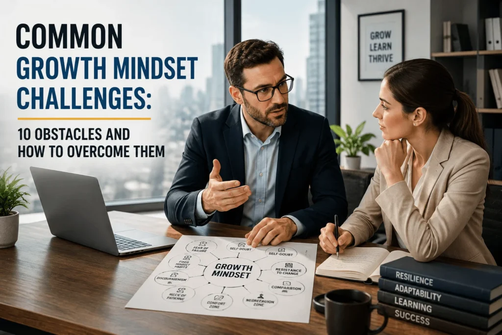 Common Growth Mindset Challenges discussed by a manager and secretary in a modern office, focusing on obstacles and personal growth strategies.