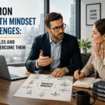 Common Growth Mindset Challenges discussed by a manager and secretary in a modern office, focusing on obstacles and personal growth strategies.