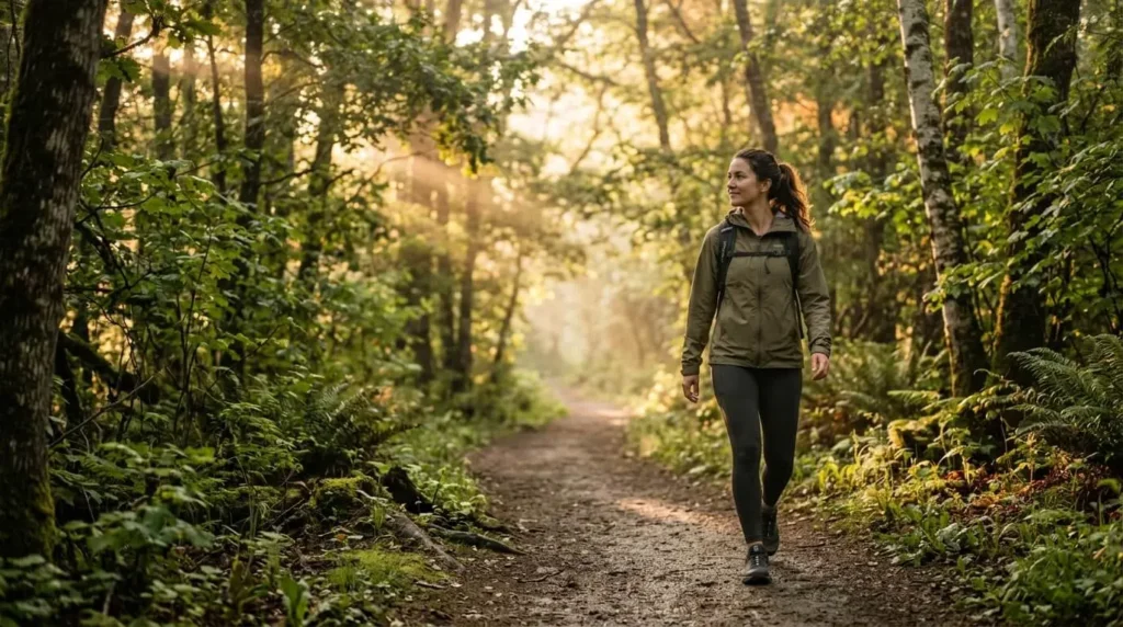 Person taking a peaceful morning walk in nature to improve mental health naturally through regular physical activity.