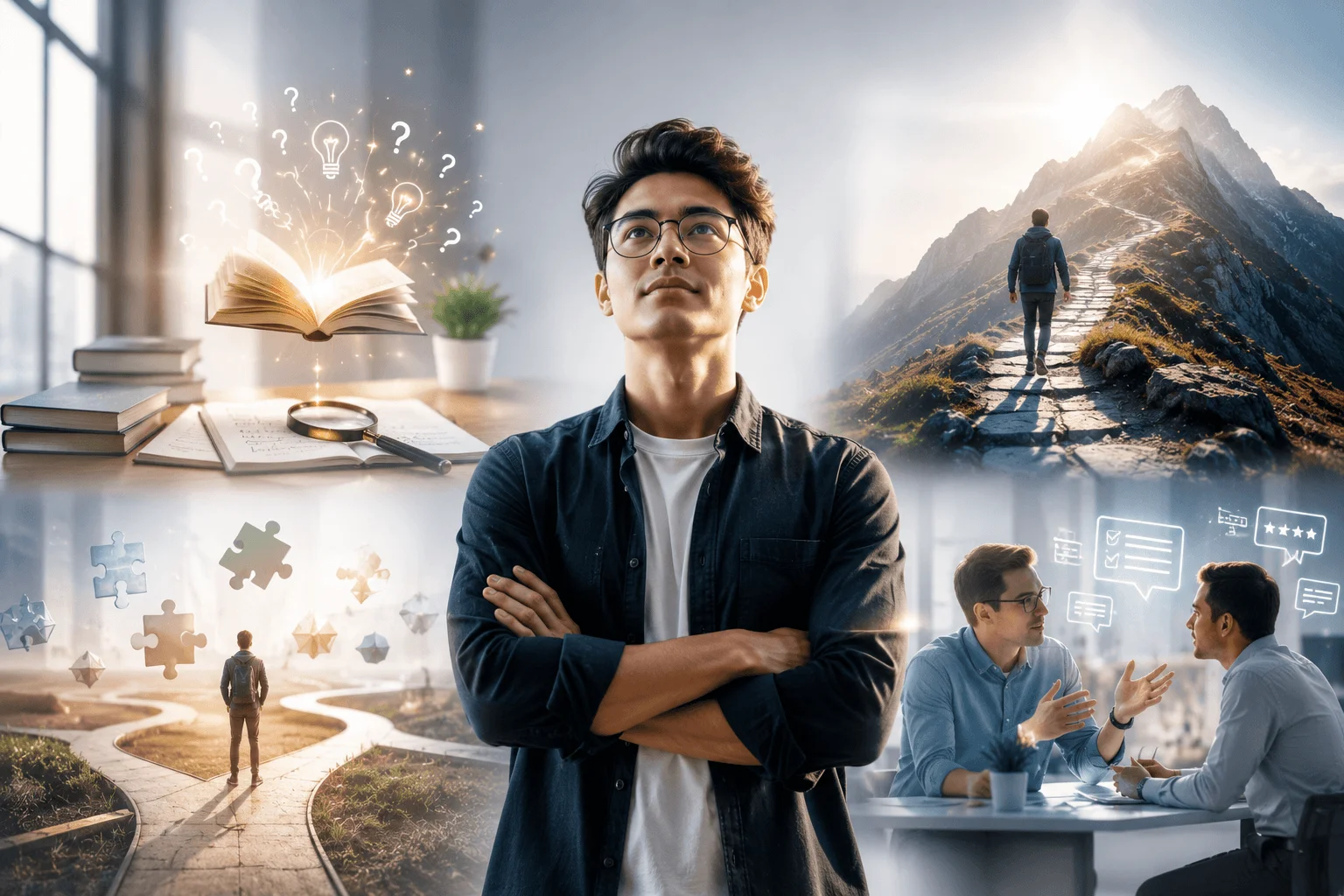 A confident person surrounded by visual symbols representing curiosity, adaptability, courage, and openness to feedback, illustrating the four core traits of a growth mindset.