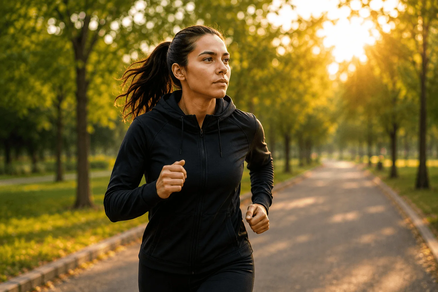 Young woman running along a sunlit park path, representing persistence, healthy habits, and personal growth through consistent effort.