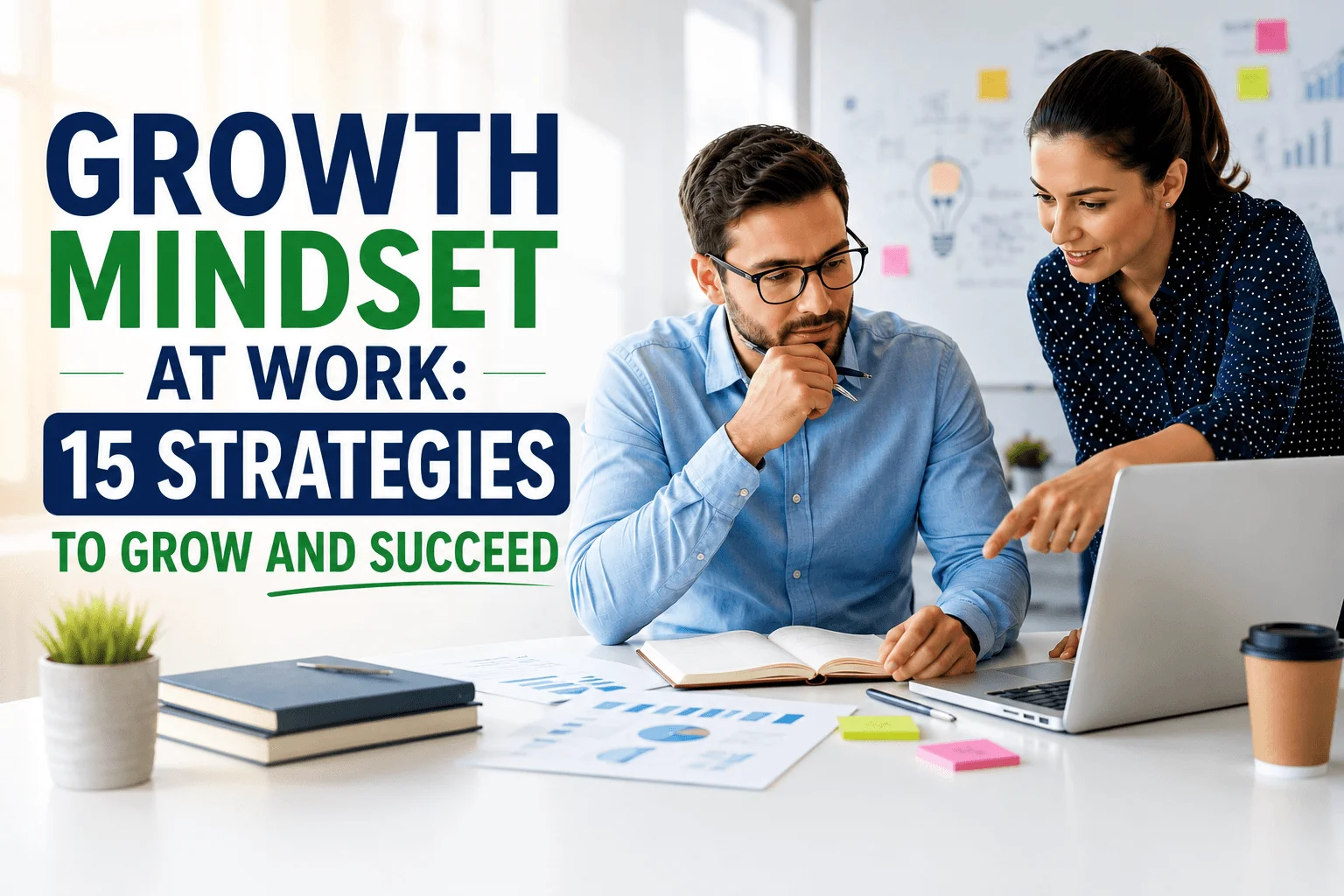 A professional practicing a growth mindset at work while reviewing feedback with a colleague in a bright modern office.