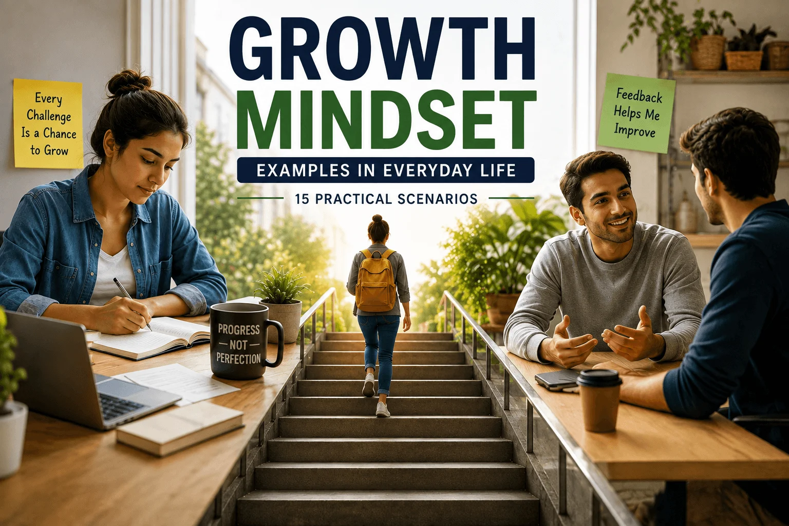 Growth mindset examples in everyday life featuring people learning, reflecting, embracing challenges, adapting to change, and pursuing personal growth.