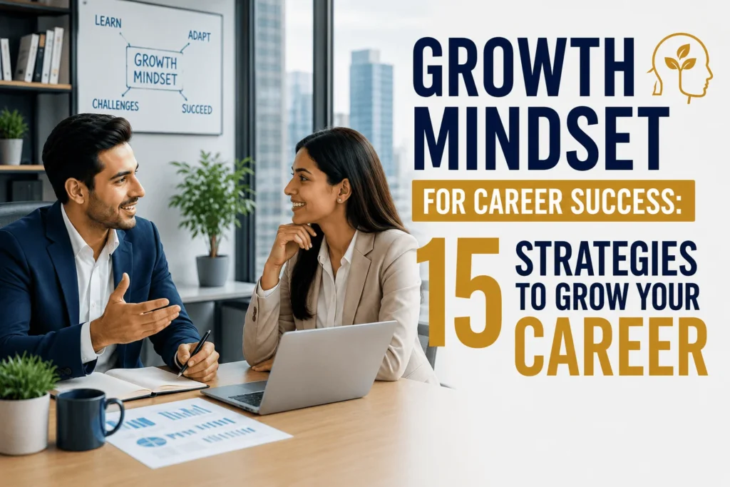 Two professionals discuss career development in a modern office, highlighting growth mindset for career success and strategies for professional growth.