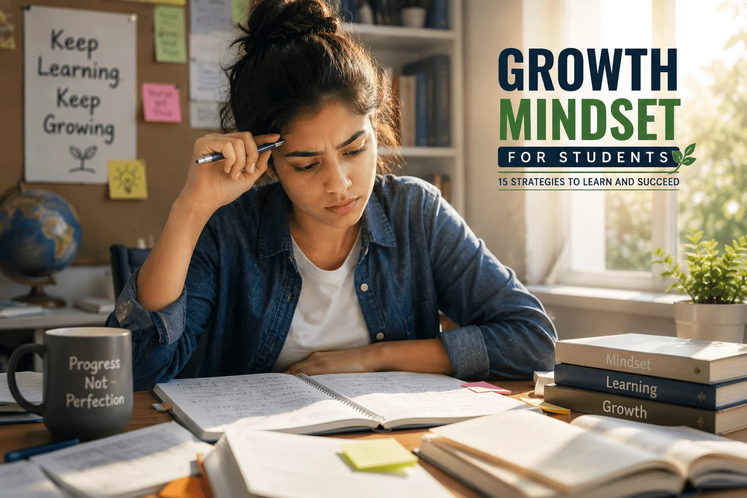 Growth mindset for students: a focused student studying a difficult problem with books, notes, and natural light.
