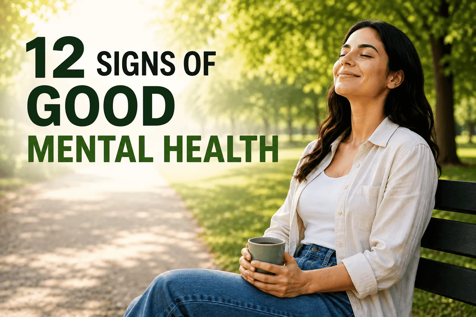A woman enjoying a peaceful moment in a park, representing positive mental health and emotional well-being.