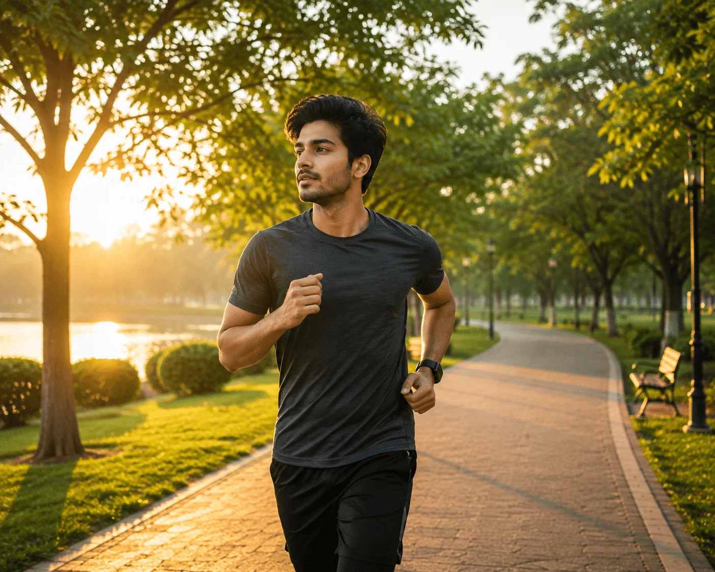 Young man running through a peaceful park at sunrise, enjoying a healthy morning workout surrounded by lush trees and golden sunlight.