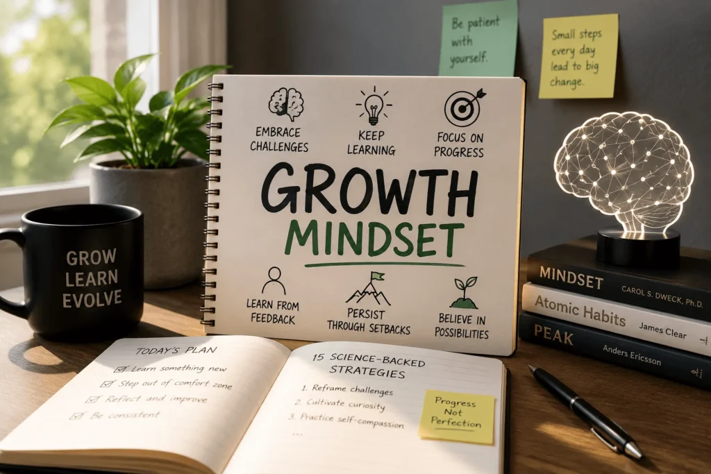How to develop a growth mindset with science-backed strategies, featuring a realistic workspace, notebook, books, and brain lamp inspiring personal growth.