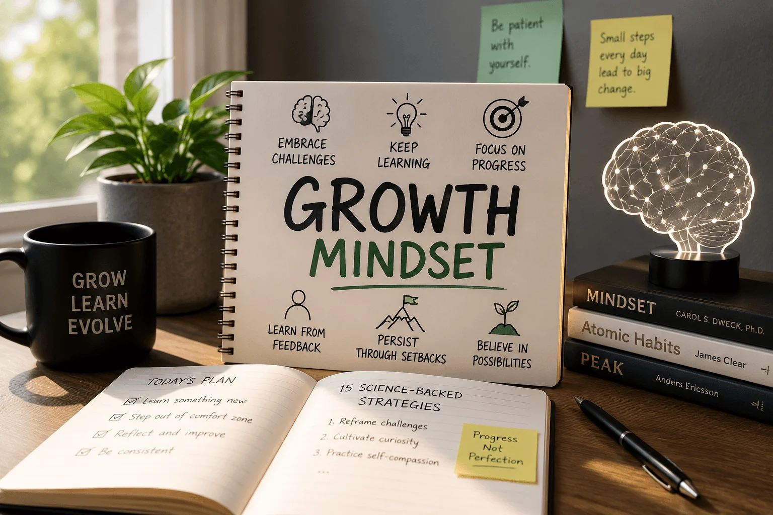 How to develop a growth mindset with science-backed strategies, featuring a realistic workspace, notebook, books, and brain lamp inspiring personal growth.