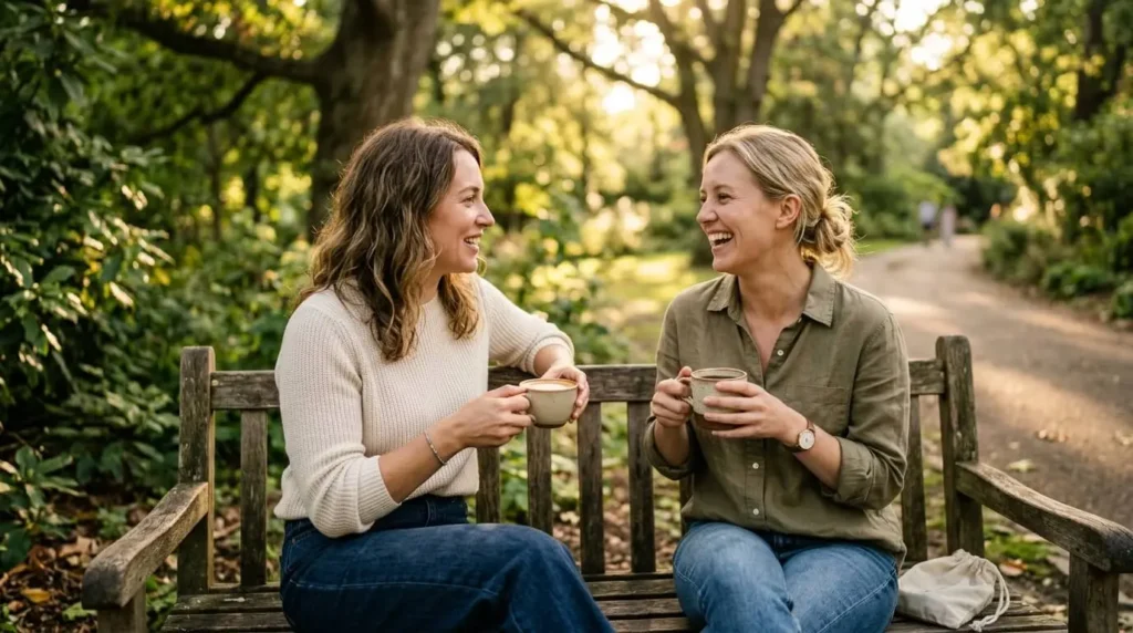 Two friends having a meaningful conversation outdoors, illustrating one of the best ways to improve mental health through real social connection.