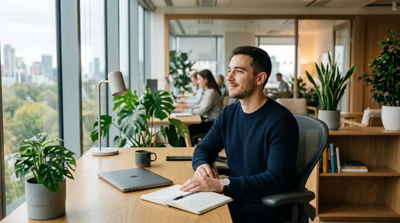 Young professional taking a mindful break in a modern office, supporting mental health in the workplace through a calm and balanced work environment.