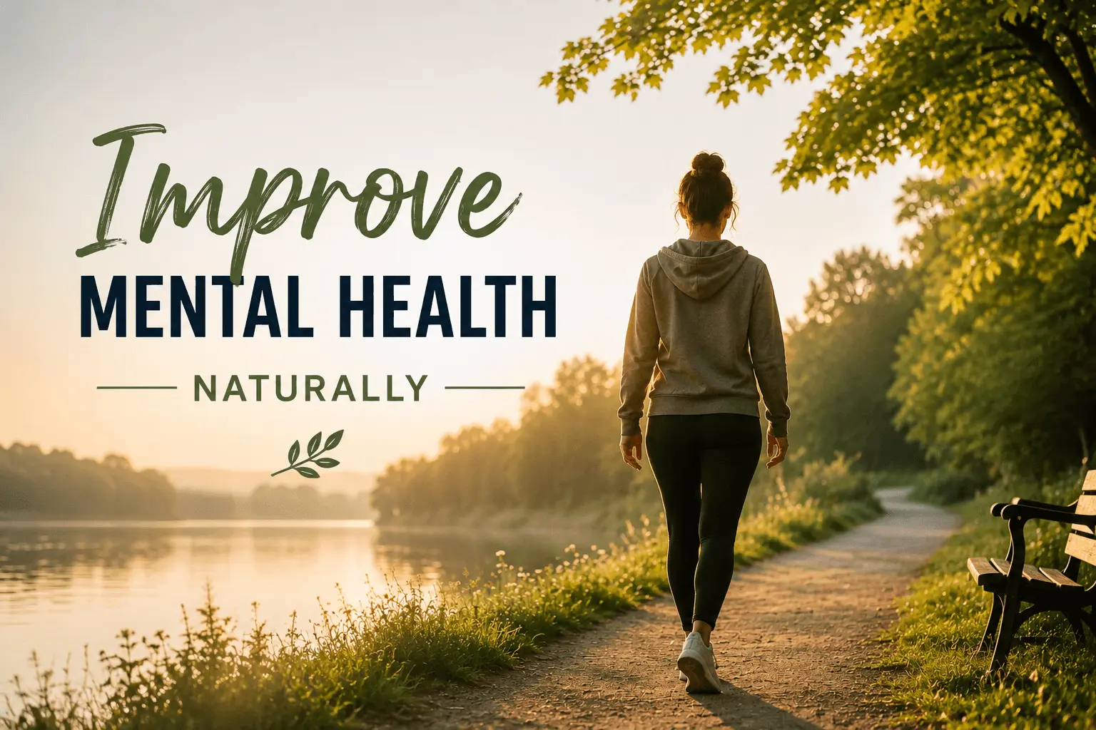 lady walking peacefully beside a lake at sunrise, representing simple daily habits to improve mental health through mindfulness, nature, and a balanced lifestyle.