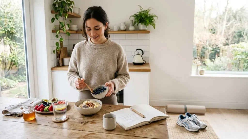 Healthy daily routine supporting good mental health through sleep nutrition hydration and exercise