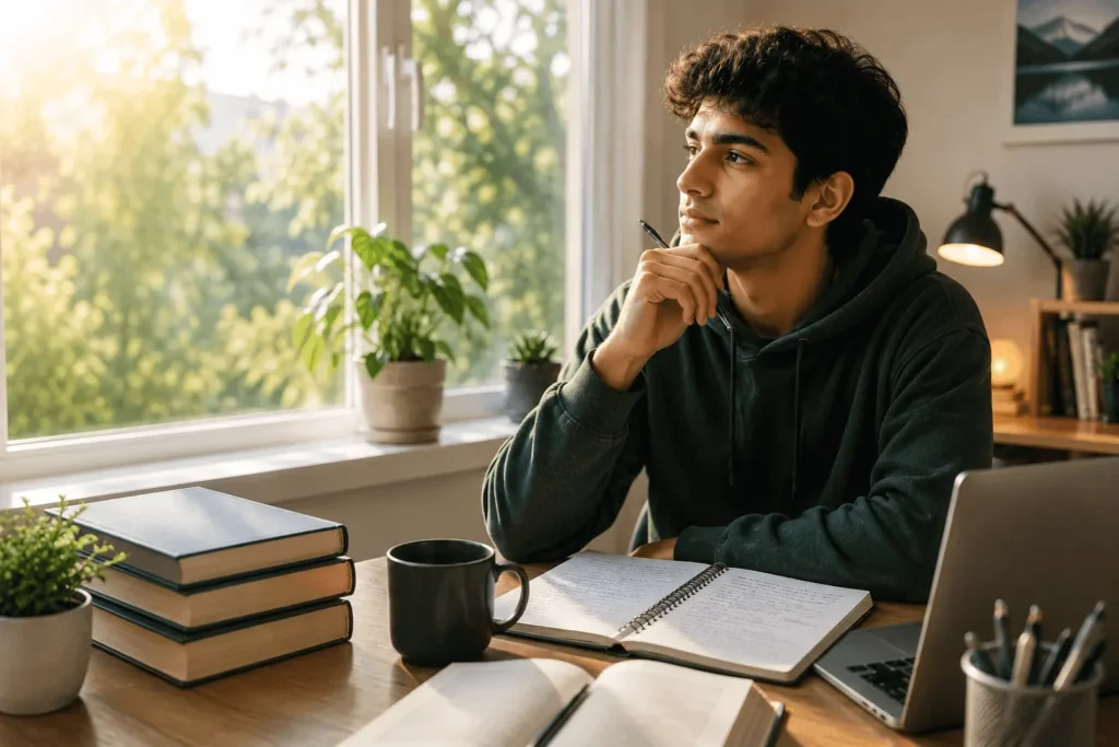 Student practicing mental wellness for student through a calm study routine in a peaceful, sunlit environment.