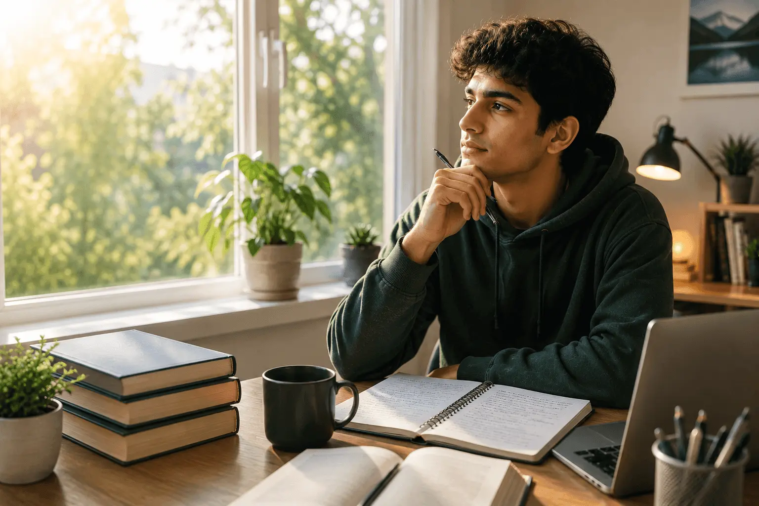 Student practicing mental wellness for student through a calm study routine in a peaceful, sunlit environment.