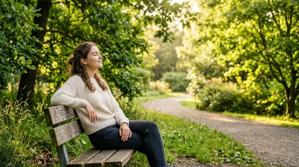 Person enjoying peaceful outdoor moments showing signs of good mental health and emotional well-being