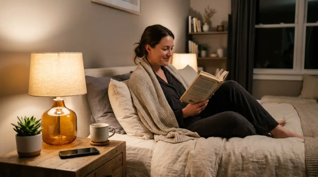 Healthy evening routine with reading and digital detox to improve mental health through better rest and recovery.