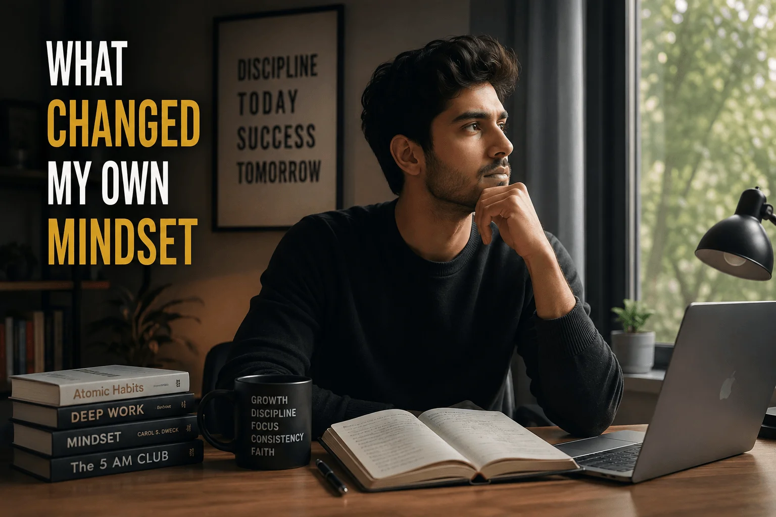 Young man reflecting at his desk, illustrating what changed my own mindset through learning, discipline, books, and personal growth.