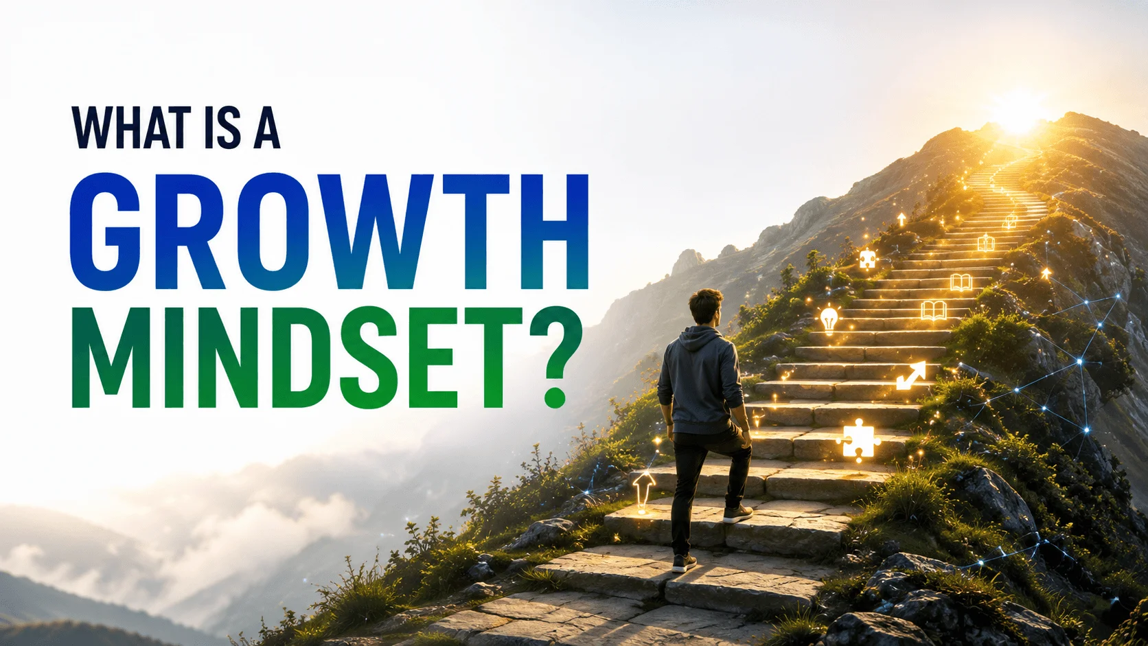 What is a growth mindset? Person climbing sunlit mountain steps, symbolizing learning, resilience, personal growth, and continuous self-improvement.