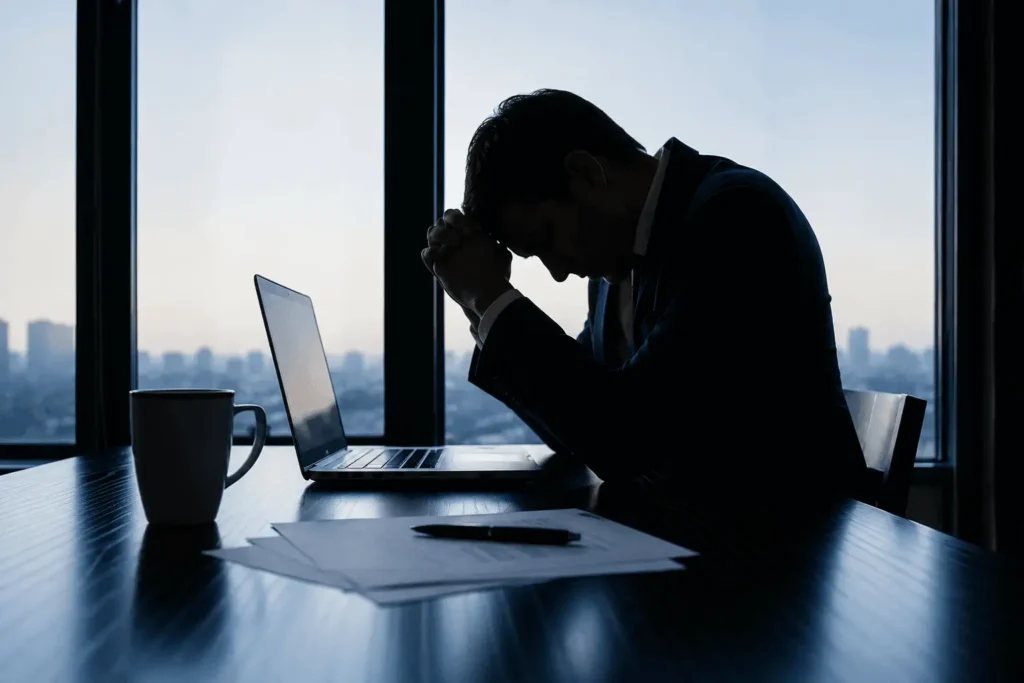 Professional experiencing workplace stress while practicing workplace stress management in a modern office setting.