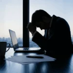Professional experiencing workplace stress while practicing workplace stress management in a modern office setting.